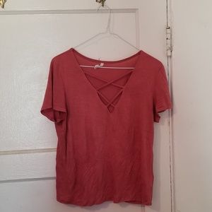 Pink Criss Cross V Neck Crop Top